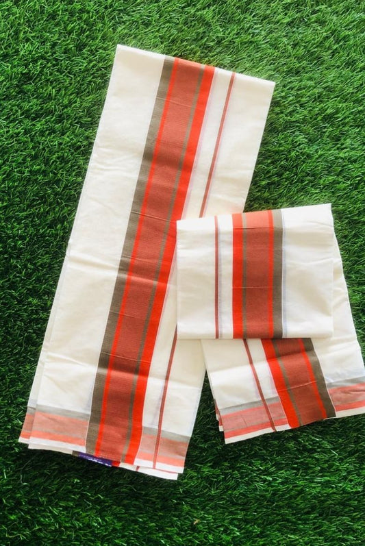 Traditional Cotton Set Mundu With Orange and Red Stripe Design Borders-VS294