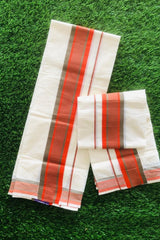 Traditional Cotton Set Mundu With Orange and Red Stripe Design Borders