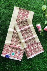 Traditional Kerala Tissue Set Mundu with Intricate Maroon and Brown Geometric Patterns