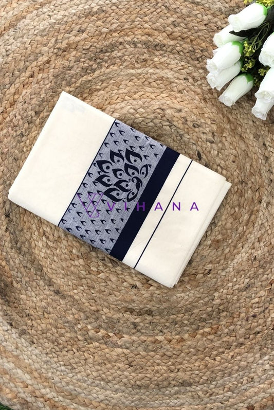Elegant Kerala Cotton Set Saree with Intricate Dark Blue and Gray Border Designs