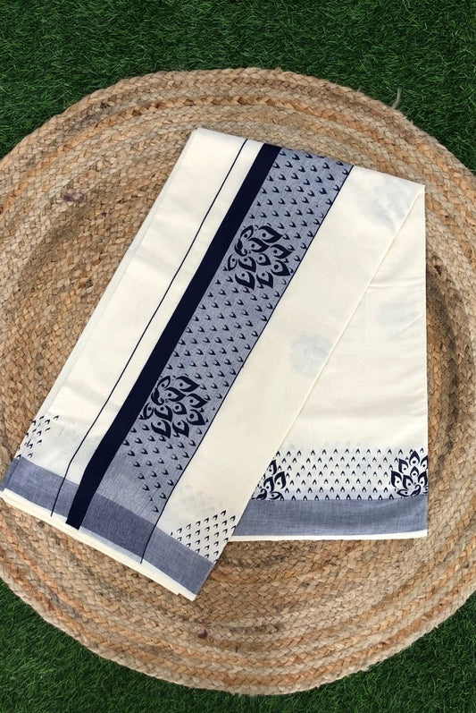 Elegant Kerala Cotton Set Saree with Intricate Dark Blue and Gray Border Designs