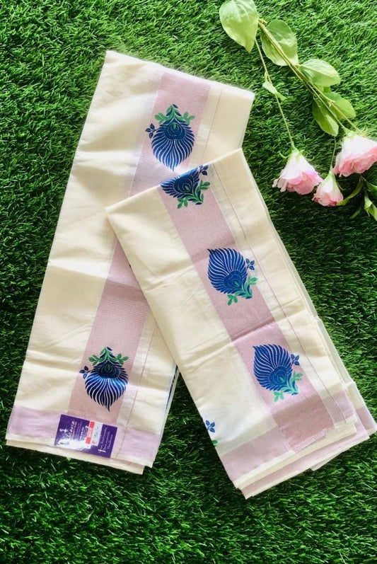 Kerala Cotton Set Mundu with Rose Gold Border