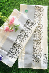 Elegant Cotton Set Mundu with Silver Border and Black Leaf Print
