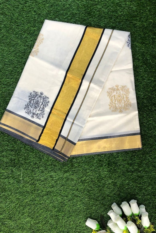 Kerala Kasavu Set Saree with Gold, Black Borders and Floral Embroidery