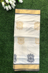 Kerala Kasavu Set Saree with Gold, Black Borders and Floral Embroidery