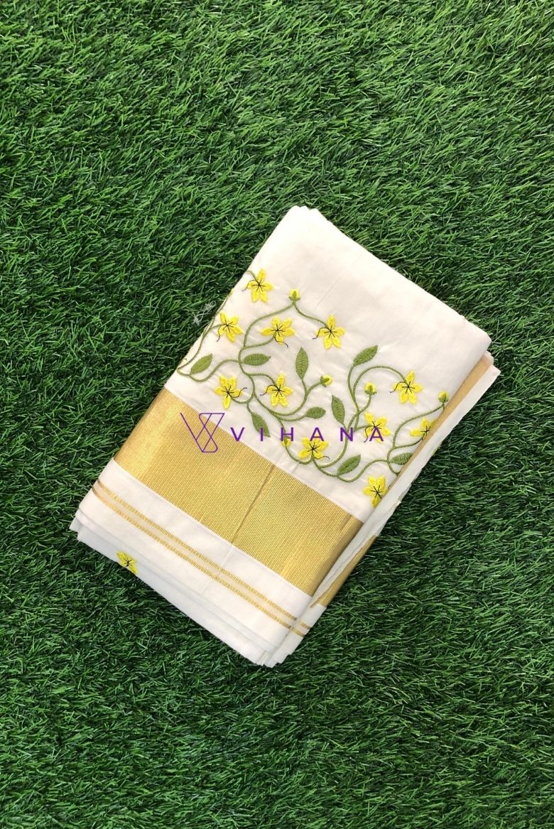 Traditional Kerala Cotton Set Saree- Kanikonna Floral Embroidery