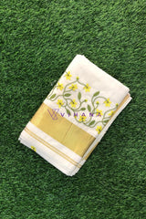 Traditional Kerala Cotton Set Saree- Kanikonna Floral Embroidery