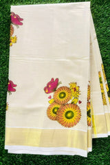 Kerala Golden Tissue set saree Sunflower Print