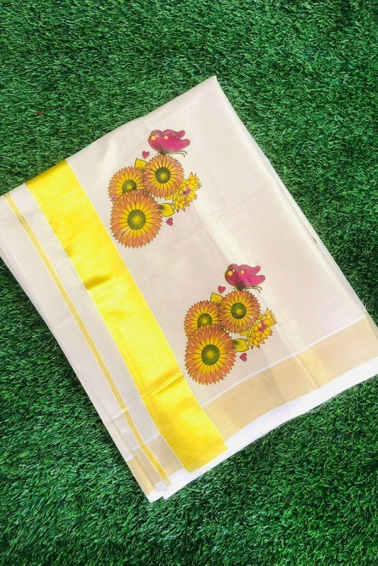 Kerala Golden Tissue set saree Sunflower Print