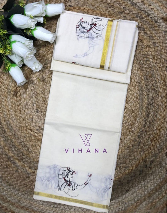 Kerala Cotton Set Mundu Off White Color Natya Print-VS481