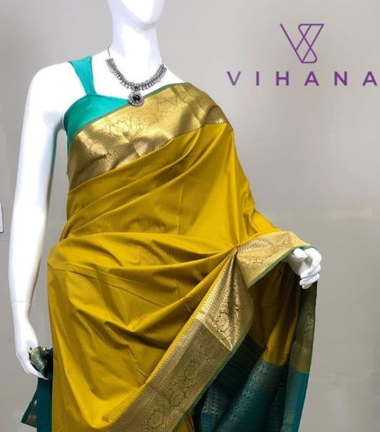 Art Soft Silk Saree – Mustard & Peacock Green Color