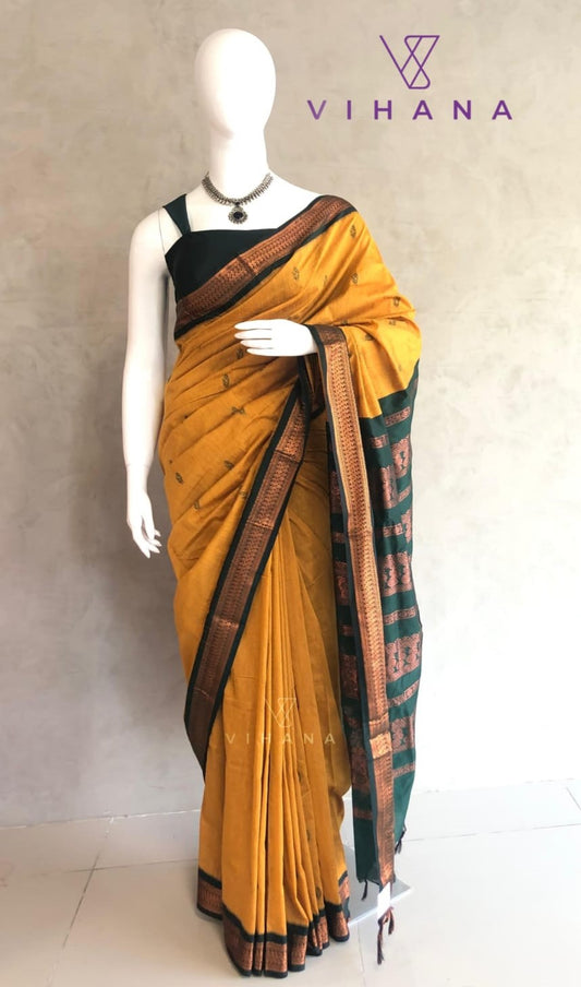 Kanchi Cotton Saree Yellow with Green Color