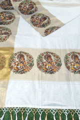Kerala Cotton Set Saree with Lord Krishna Mural Print