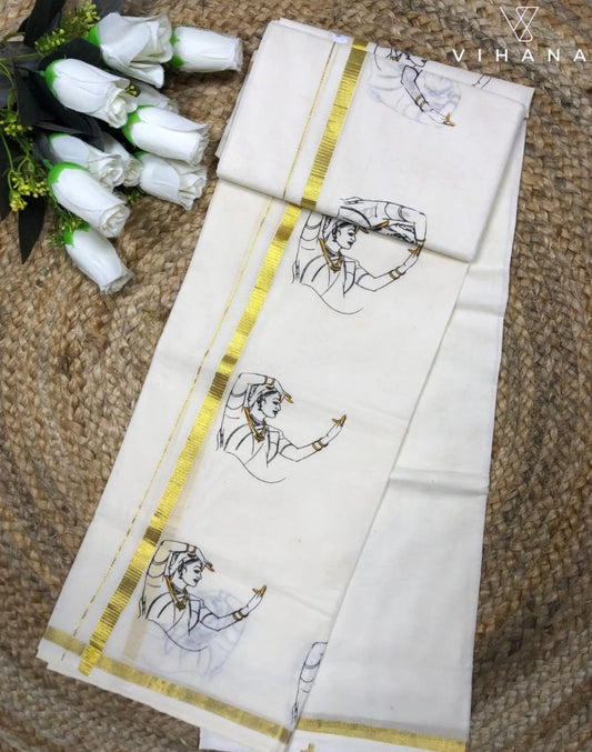 Kerala Cotton Set Mundu Off White Color Natya Print-VS482
