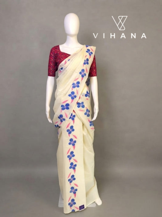 Kerala Set Mundu Off White Color Floral Print-VS384