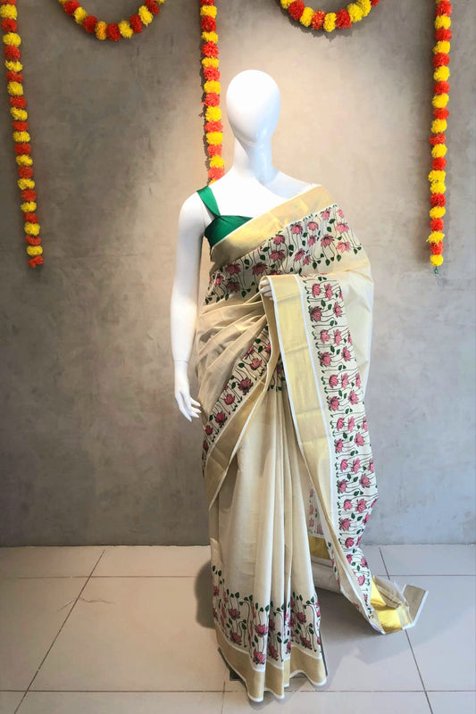 Kerala Tissue Saree With pink Lotus Motifs and Golden Kasavu Border-VS151