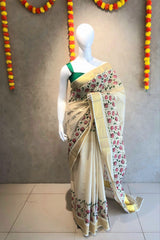 Kerala Tissue Saree With pink Lotus Motifs and Golden Kasavu Border-VS151