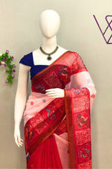 Red and Light Pink Hue Linen Cotton Saree with Traditional Prints