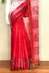 Red and Light Pink Hue Linen Cotton Saree with Traditional Prints
