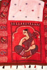 Red and Light Pink Hue Linen Cotton Saree with Traditional Prints
