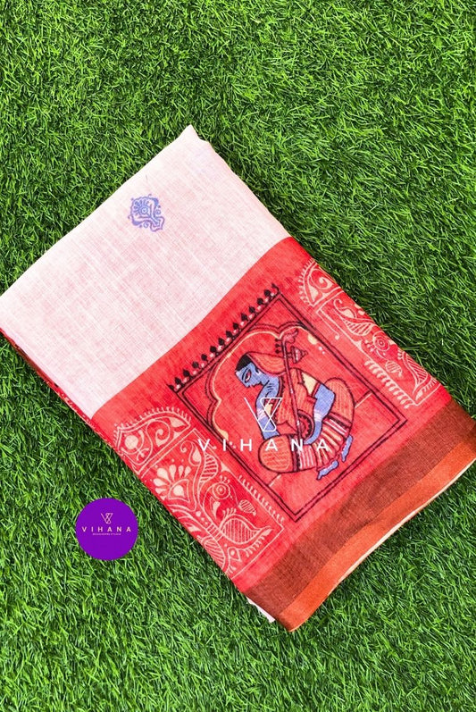 Red and Light Pink Hue Linen Cotton Saree with Traditional Prints