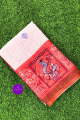 Red and Light Pink Hue Linen Cotton Saree with Traditional Prints