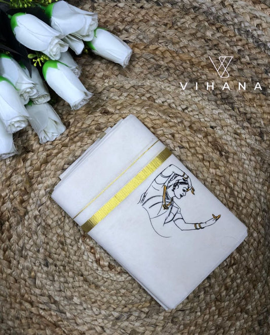 Kerala Cotton Set Mundu Off White Color Natya Print-VS482