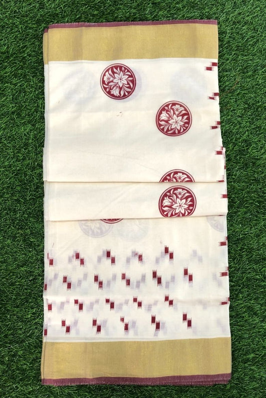 Kerala Cotton Set Saree with Maroon Floral and Geometric Prints