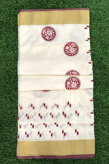 Kerala Cotton Set Saree with Maroon Floral and Geometric Prints