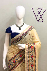 Beautiful Beige Linen Saree with Traditional Prints