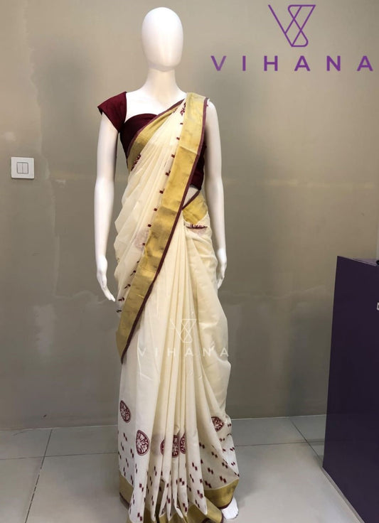 Cotton Set Saree Kasavu Border Red / Maroon Color