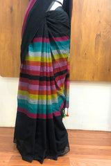 Pure 120 count Mul Cotton Black and Rainbow Design Saree