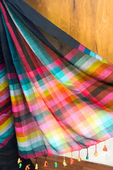 Pure 120 count Mul Cotton Black and Rainbow Design Saree