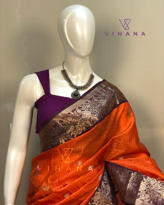 Orange Banarasi Khatan Semi Silk Saree-VS204