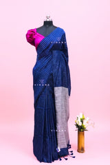 Royal Blue Silver zari Striped Khadi Cotton Saree