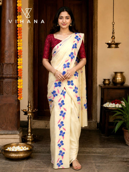 Kerala Set Mundu Off White Color Floral Print-VS384