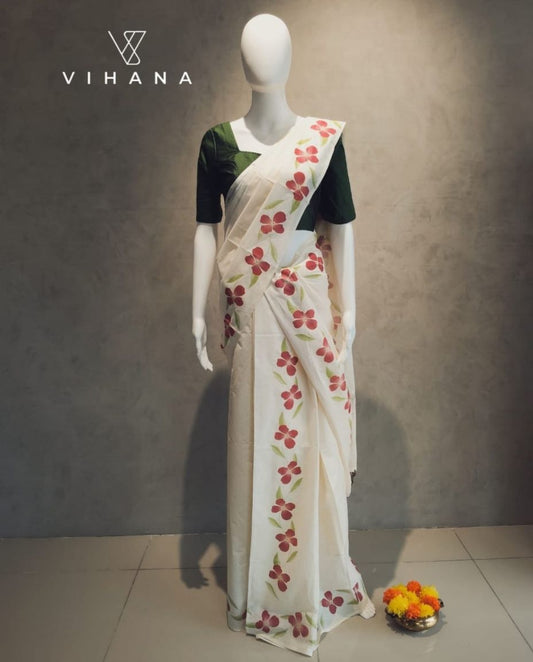 Kerala Set Mundu Off White Color Floral Print-VS363