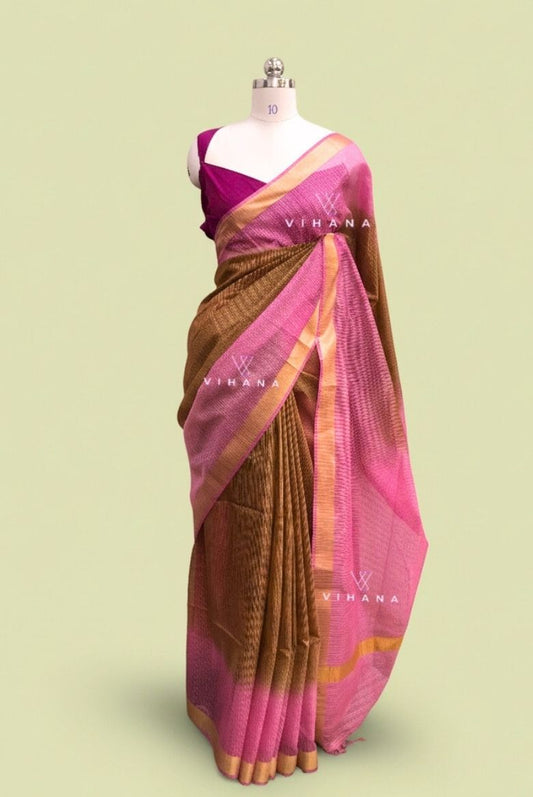 Elegant Dual Tone of Brown and Pink Kota Doriya Organza Silk Saree