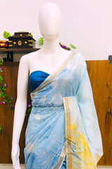 Unique Blue and Yellow Marble Print Katan Silk Saree