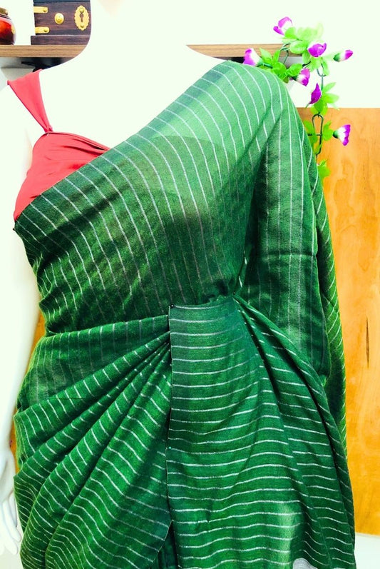 Green Silver Zari Striped Khadi Cotton Saree