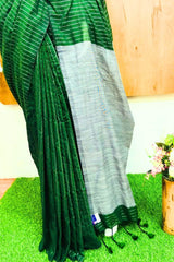 Green Silver Zari Striped Khadi Cotton Saree