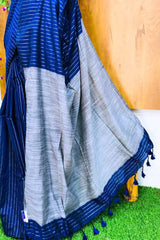 Royal Blue Silver zari Striped Khadi Cotton Saree