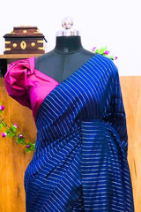 Royal Blue Silver zari Striped Khadi Cotton Saree