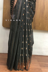 Greyish Black Cotton Linen Saree
