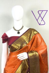 Rust Orange Banarasi Katan Silk Check Design Saree with Burgundy Border