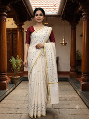 Kerala Set Saree with Jasmine Bud Design-VS354