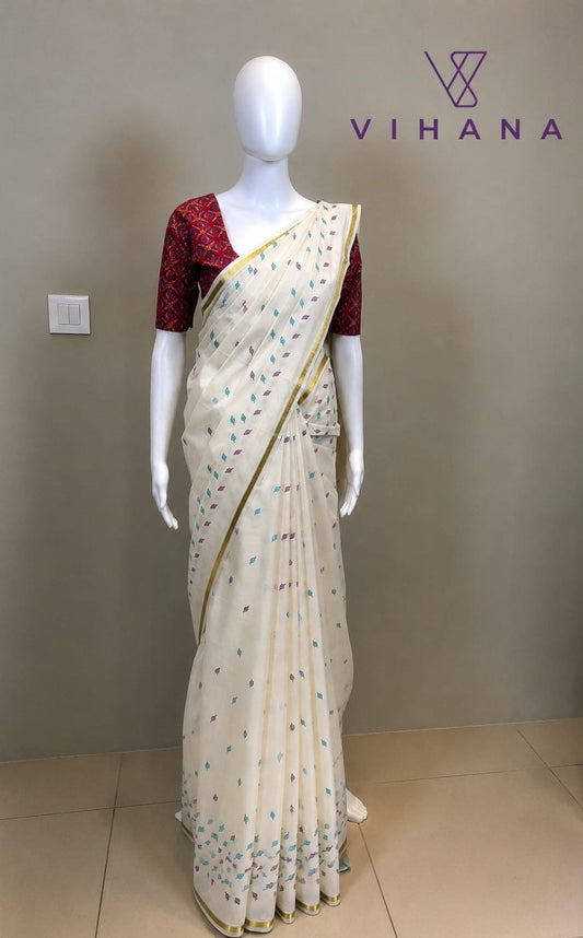 Kerala Set Saree with Jasmine Bud Design-VS354
