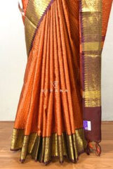 Rust Orange Banarasi Katan Silk Check Design Saree with Burgundy Border