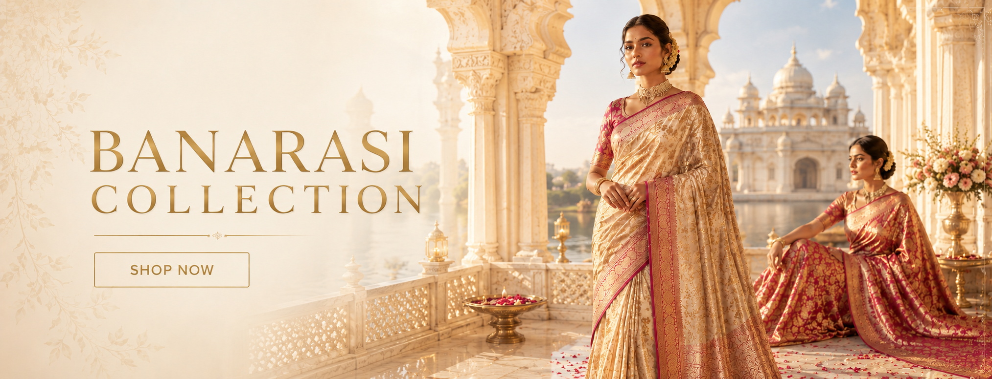 Two women in traditional Banarasi sarees standing in front of an architectural structure with 'Banarasi Collection' text.