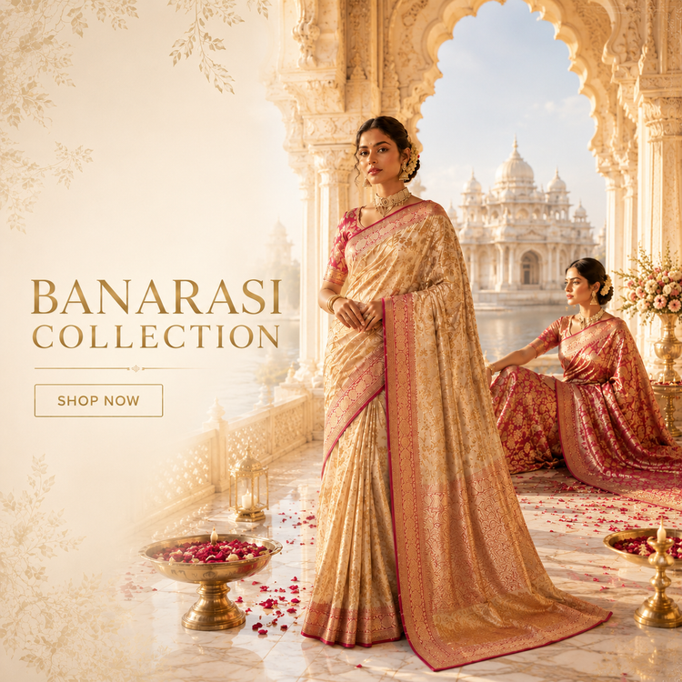 Woman in a Banarasi saree with a temple in the background, promoting the Banarasi Collection.